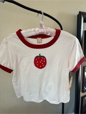 Messy Bun White Short Sleeve Tee with Red Strawberry Applique
